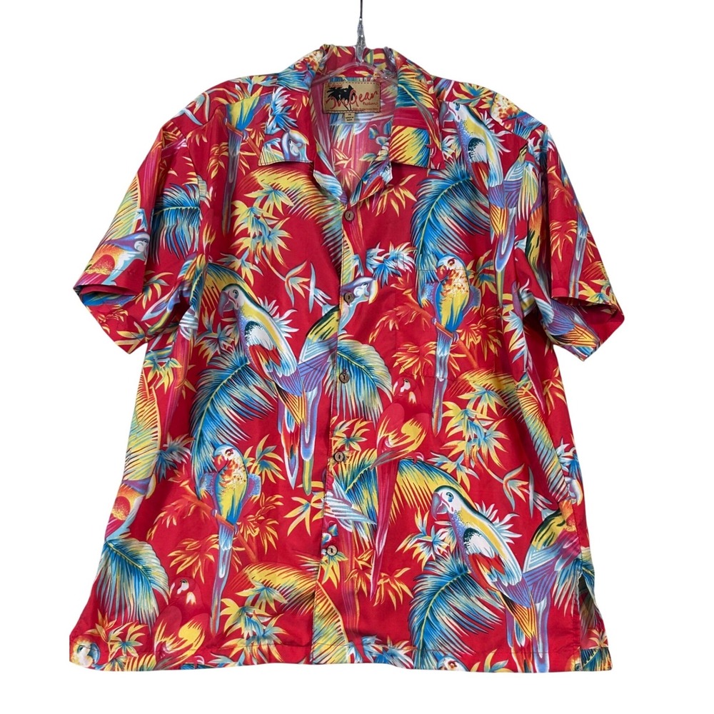 InGear Fashions Mens Red Tropical Parrot Palm Print Camp Shirt Size Med. Cruise